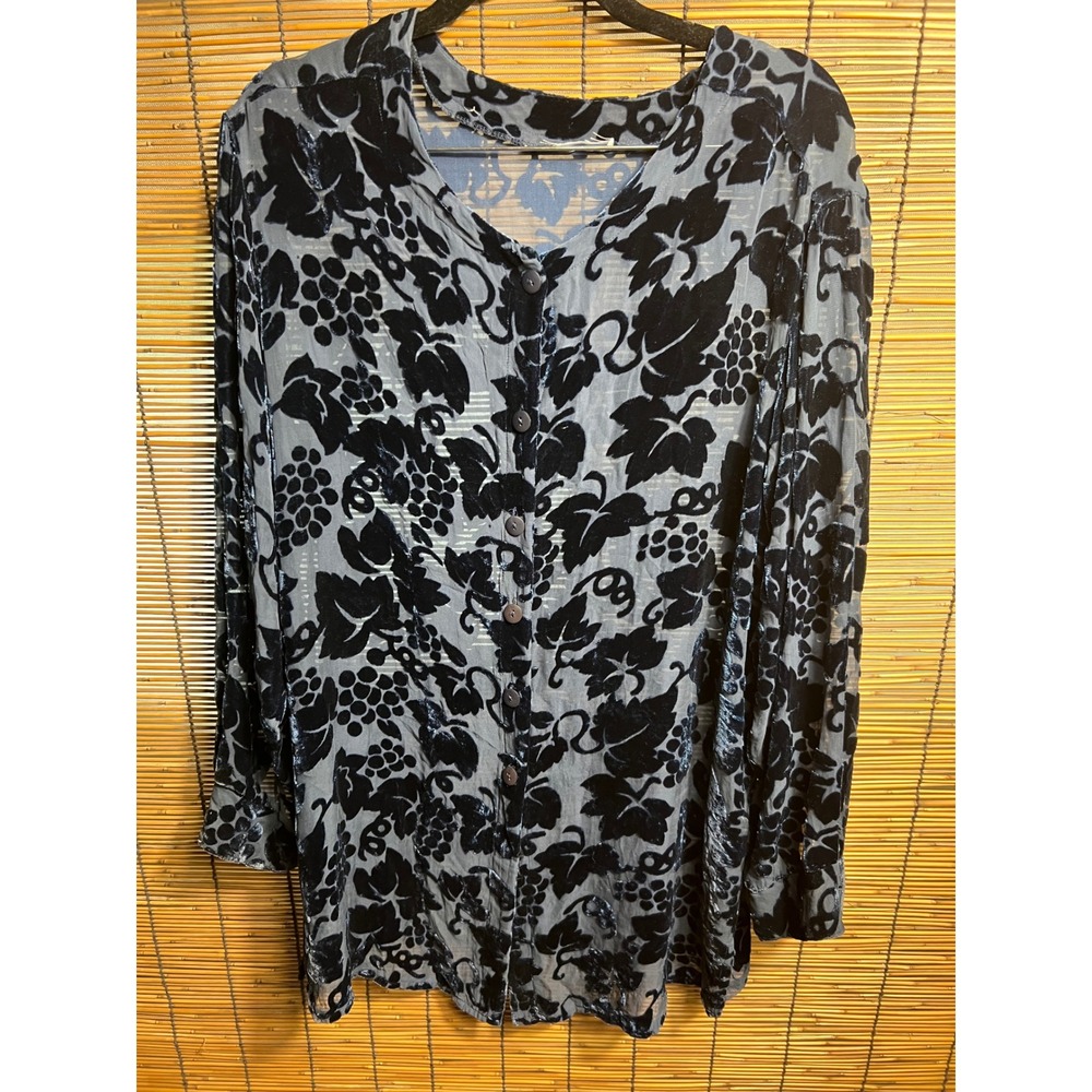 Navy Blue Grape Leaf Burnout Velvet Sheer Button Down Blouse Top